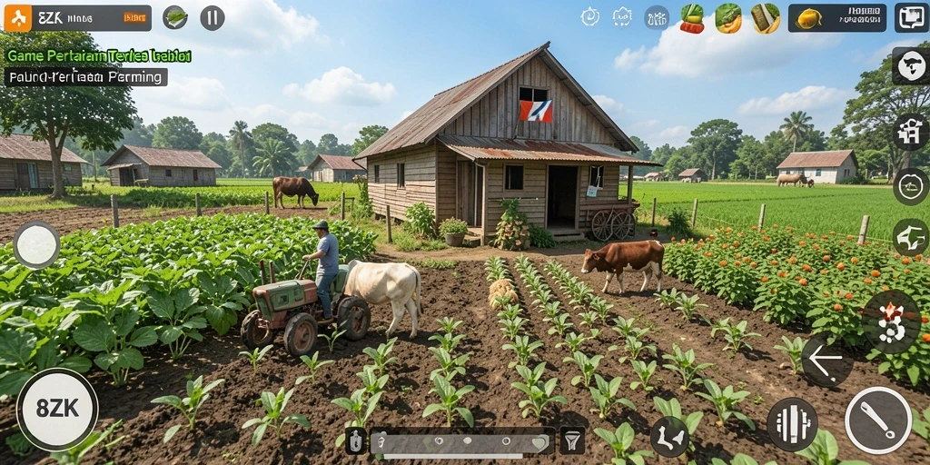 Screenshot utama 8ZK menampilkan kegiatan bertani yang seru dan imersif.